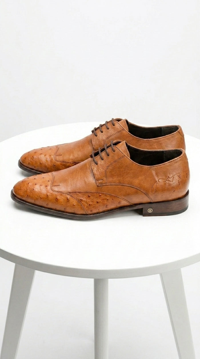Men’s Cognac Vestigium Genuine Ostrich Derby Shoes, Handcrafted Full Leather Dress Shoes