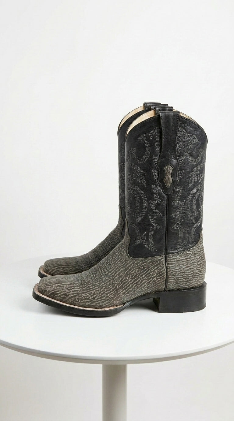 Men’s Los Altos Grey and Black Shark Skin Wide Square Toe Cowboy Boots, Exotic Western Dress Boots