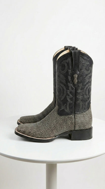 Men’s Los Altos Grey and Black Shark Skin Wide Square Toe Cowboy Boots, Exotic Western Dress Boots