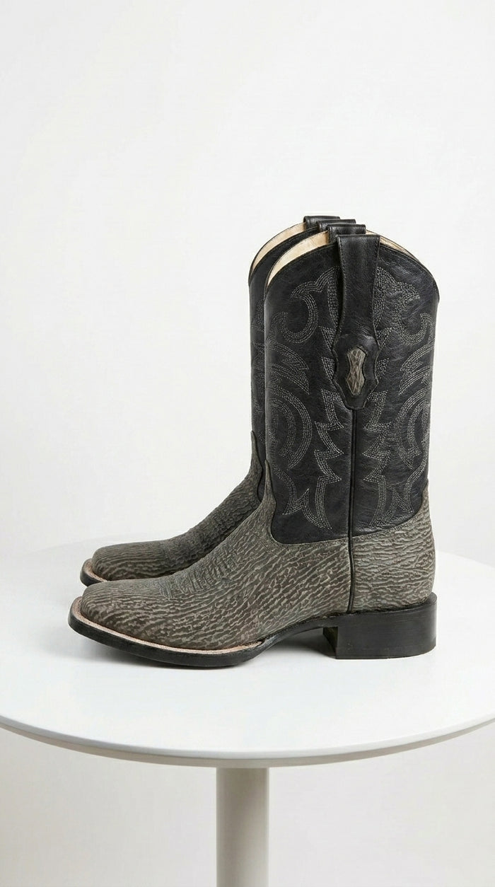 Men’s Los Altos Grey and Black Shark Skin Wide Square Toe Cowboy Boots, Exotic Western Dress Boots