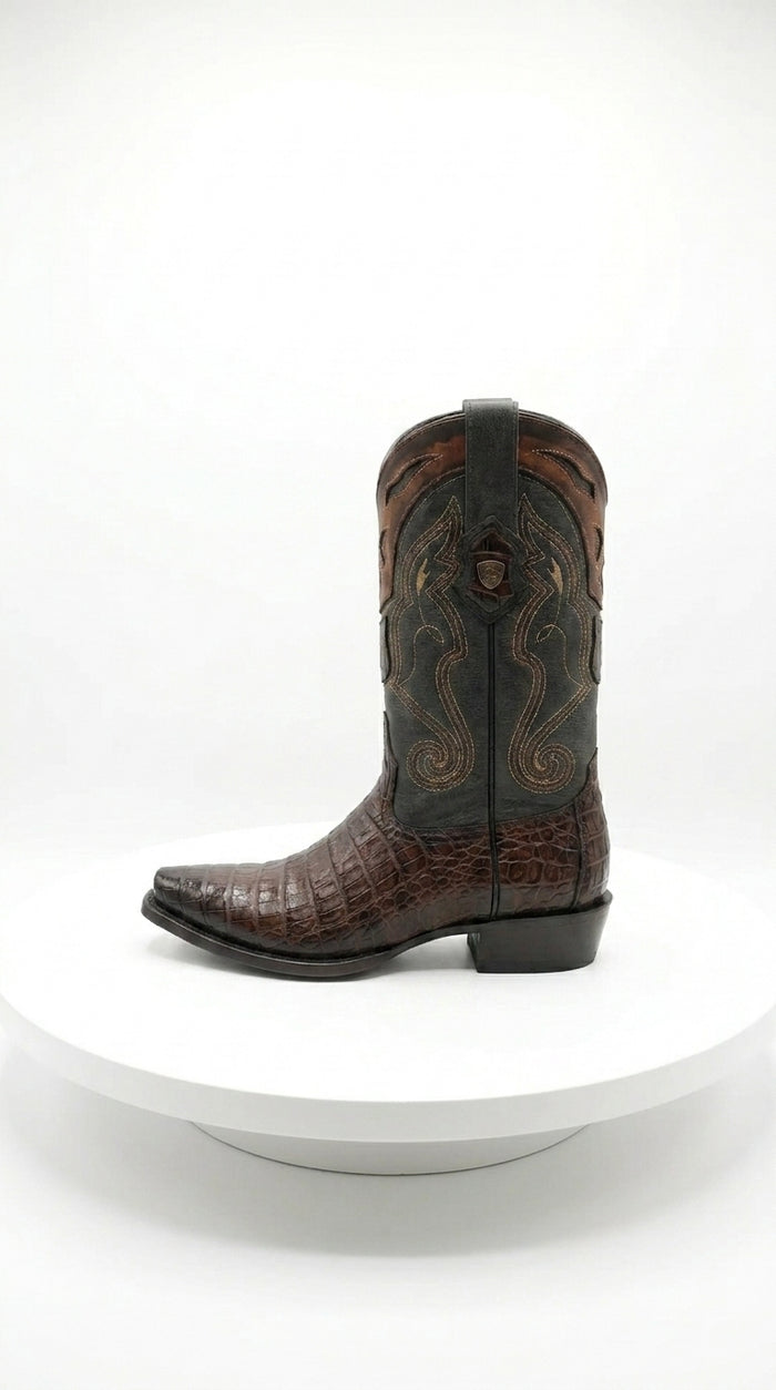 Men’s Brown Caiman Snip Toe Cowboy Boots with Embroidered Shaft, Exotic Western Dress Boots