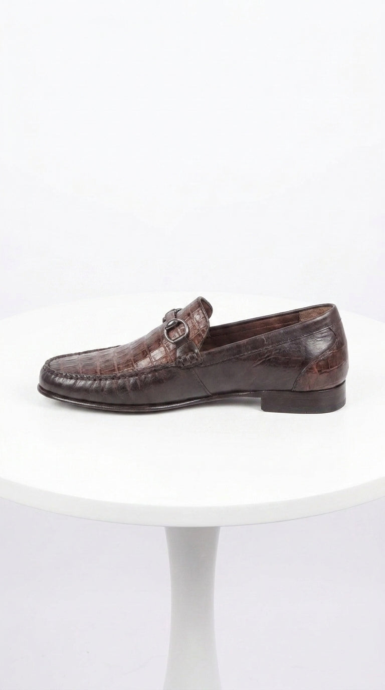 Lombardy Men’s Crocodile Calfskin Bit Loafers, Exotic Dress Casual Slip-On Shoes