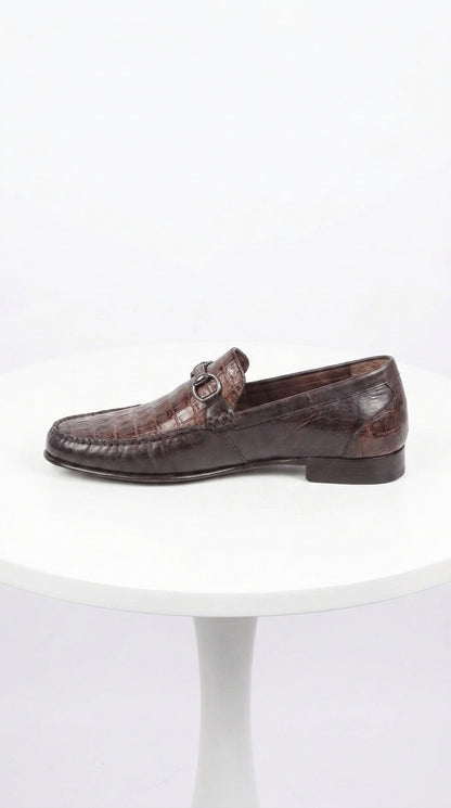Lombardy Men’s Crocodile Calfskin Bit Loafers, Exotic Dress Casual Slip-On Shoes
