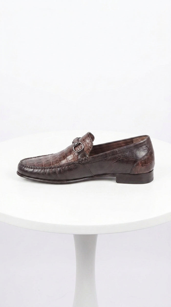 Lombardy Men’s Crocodile Calfskin Bit Loafers, Exotic Dress Casual Slip-On Shoes