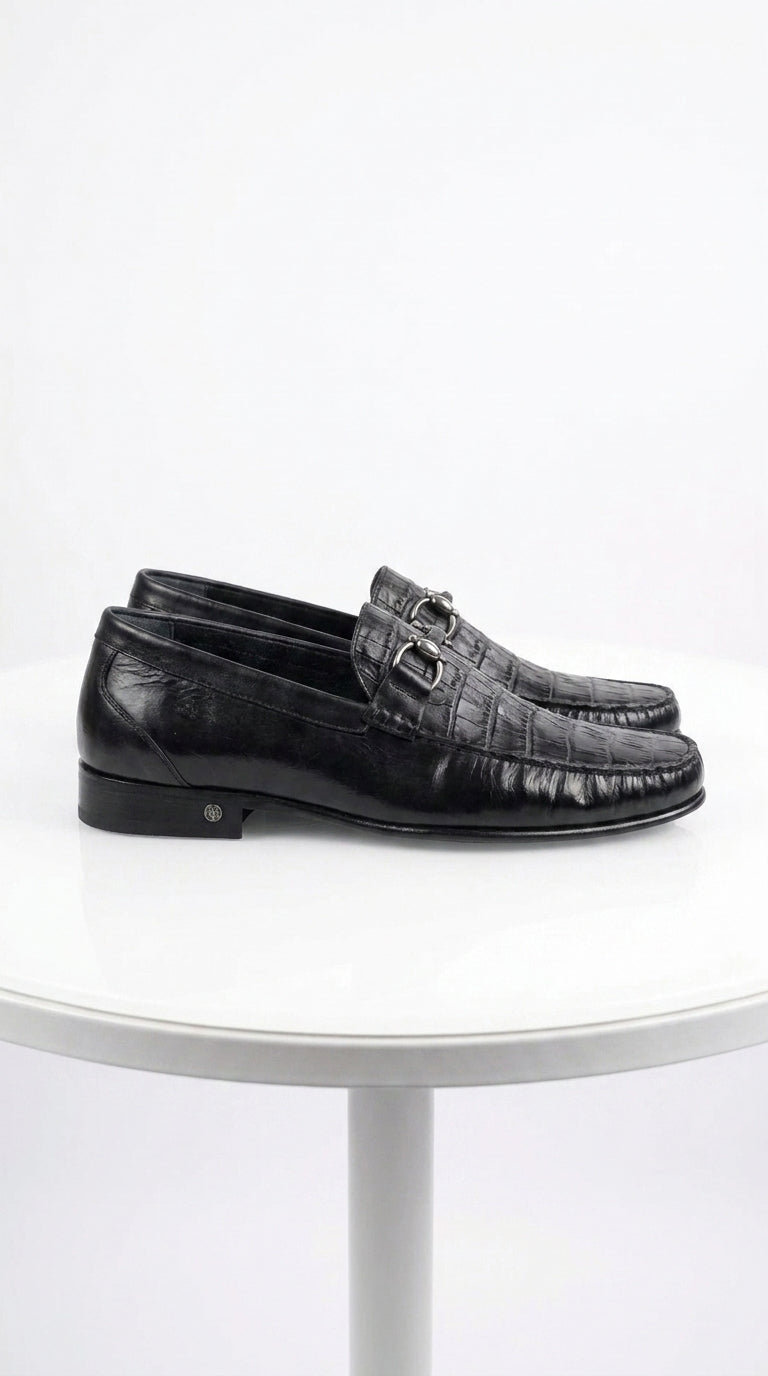 Lombardy Men’s Crocodile Calfskin Bit Loafers, Exotic Dress Casual Slip-On Shoes