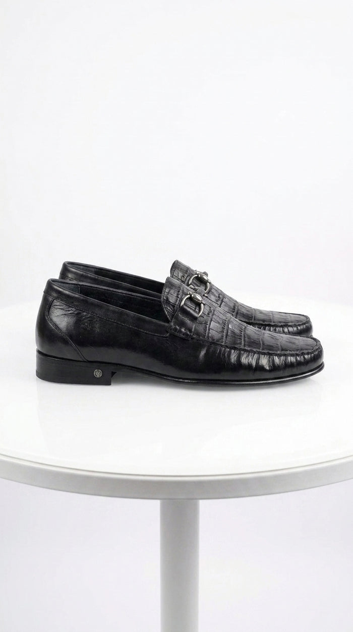 Lombardy Men’s Crocodile Calfskin Bit Loafers, Exotic Dress Casual Slip-On Shoes