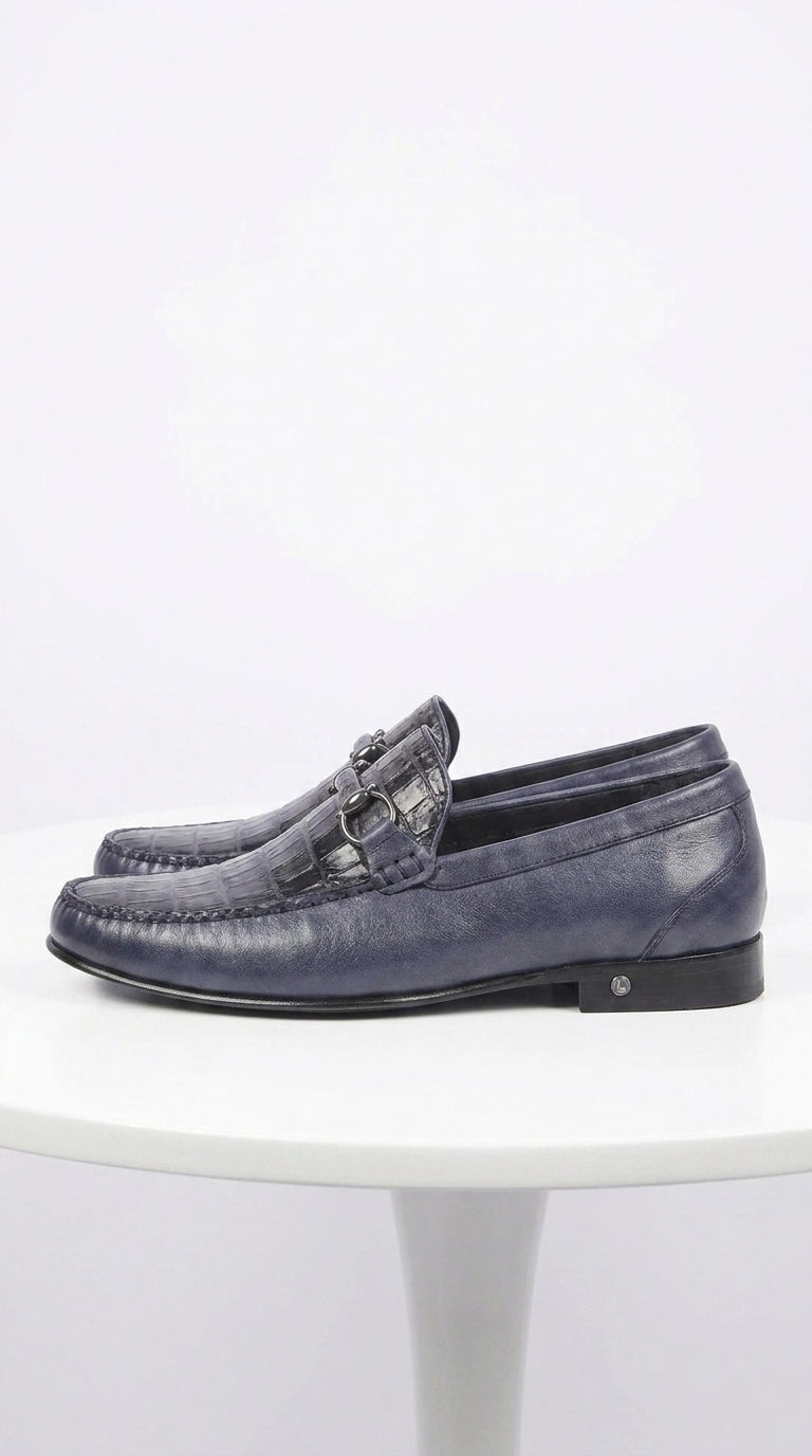 Lombardy Men’s Crocodile Calfskin Bit Loafers, Exotic Dress Casual Slip-On Shoes