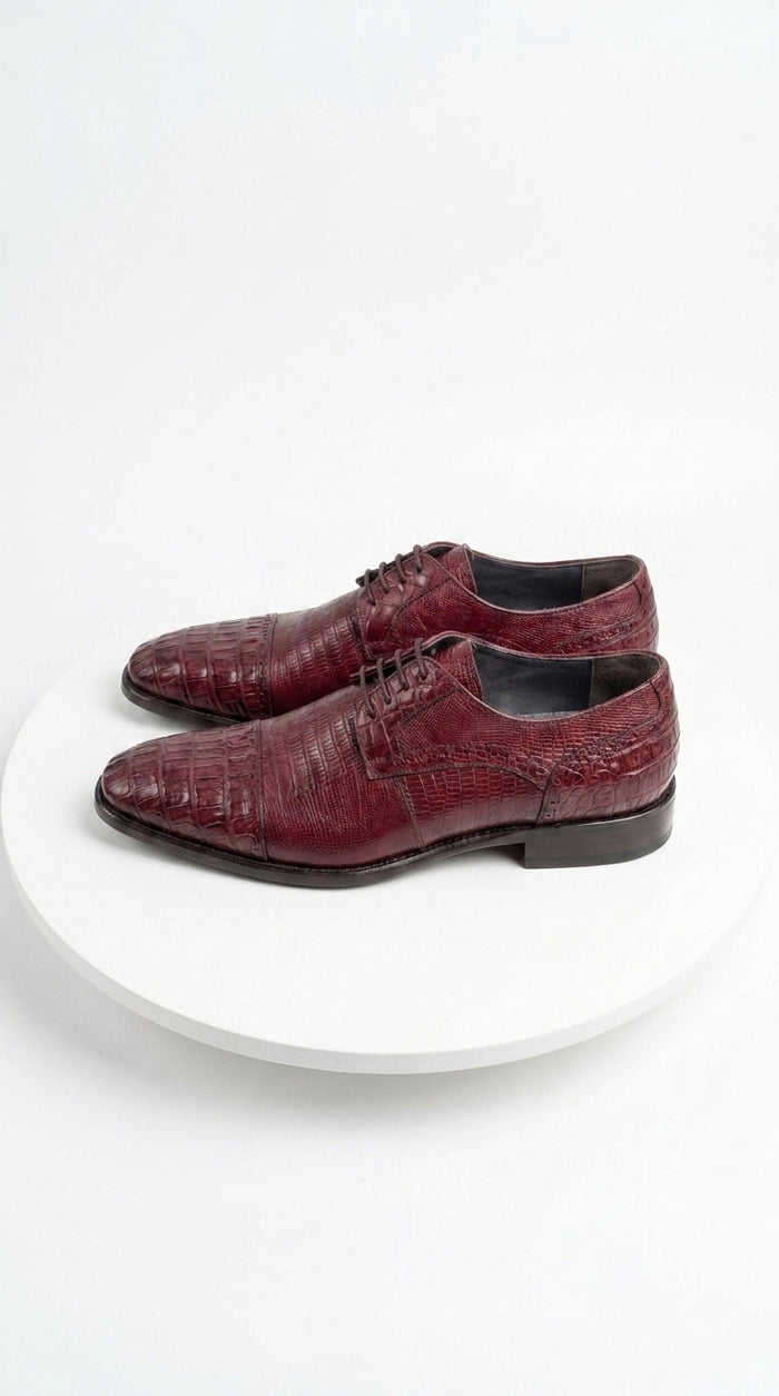 Men’s Los Altos Burgundy Lizard Crocodile Bike Toe Shoes, Exotic Lace Up Dress Shoes