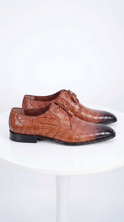Men’s Los Altos Cognac Crocodile Italian Toe Shoes, Exotic Lace Up Dress Shoes