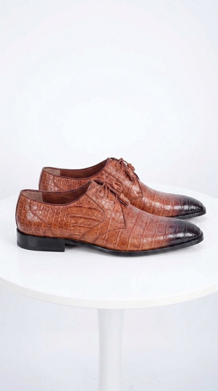 Men’s Los Altos Cognac Crocodile Italian Toe Shoes, Exotic Lace Up Dress Shoes