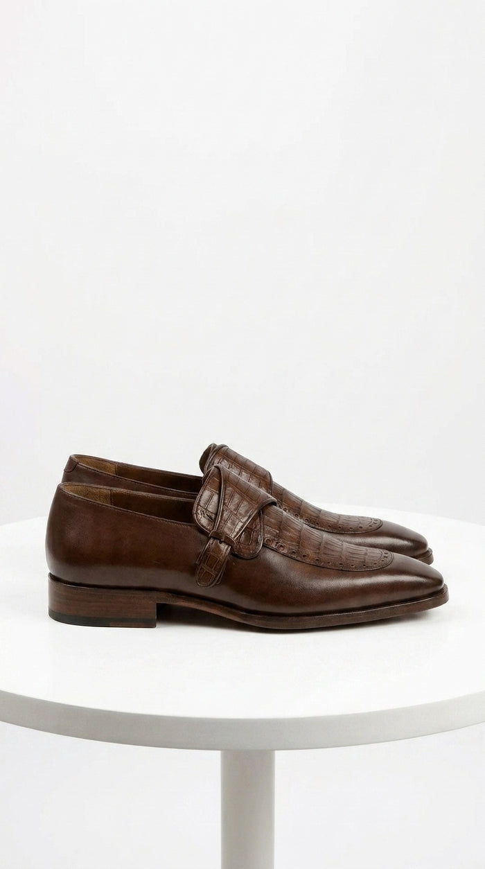 Lombardy Men’s Caiman Belly and Calfskin Monkstrap Dress Shoes, Black and Brown Exotic Formal Shoes