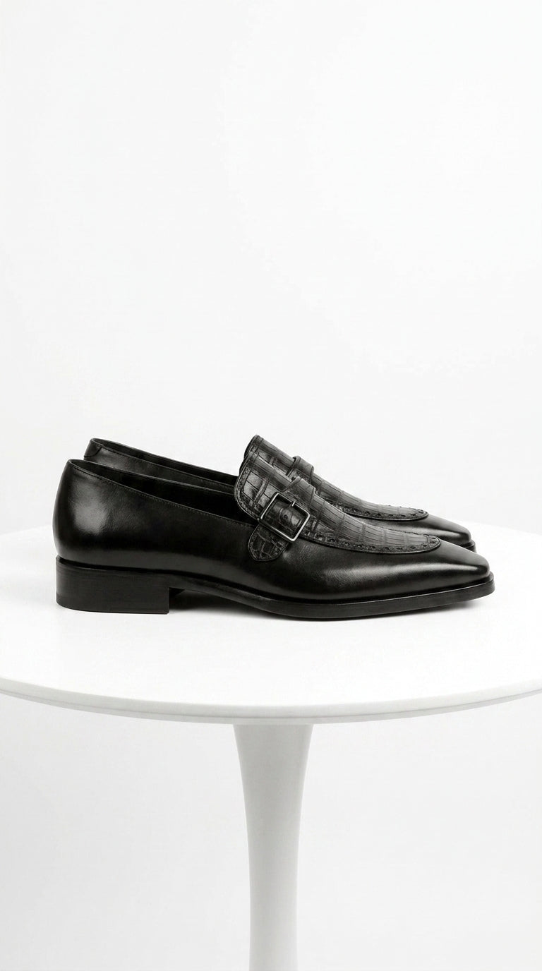 Lombardy Men’s Caiman Belly and Calfskin Monkstrap Dress Shoes, Black and Brown Exotic Formal Shoes