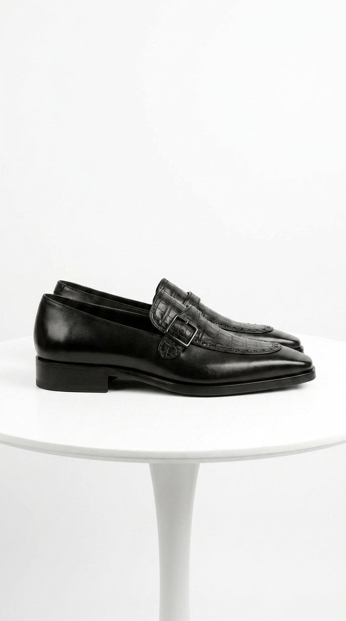 Lombardy Men’s Caiman Belly and Calfskin Monkstrap Dress Shoes, Black and Brown Exotic Formal Shoes
