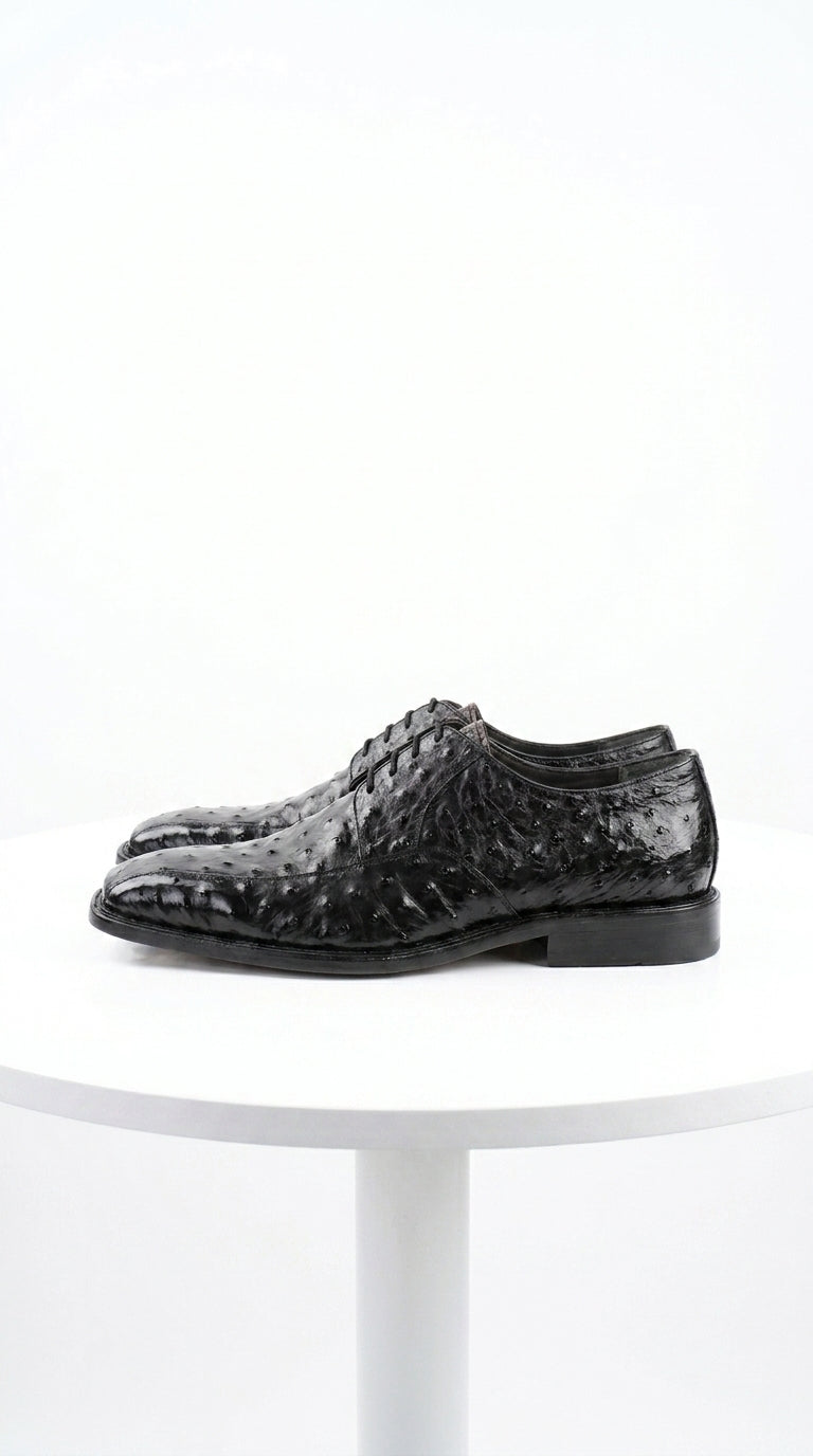 Men’s Los Altos Black Full Quill Ostrich Lace-Up Dress Shoes, Bicycle Toe Formal Shoes