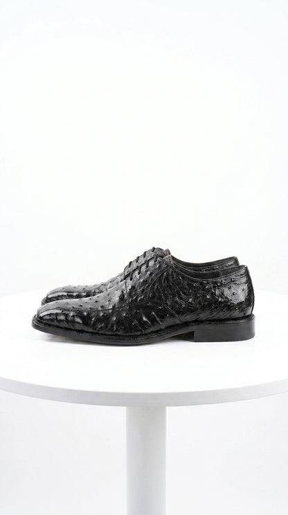 Men’s Los Altos Black Full Quill Ostrich Lace-Up Dress Shoes, Bicycle Toe Formal Shoes