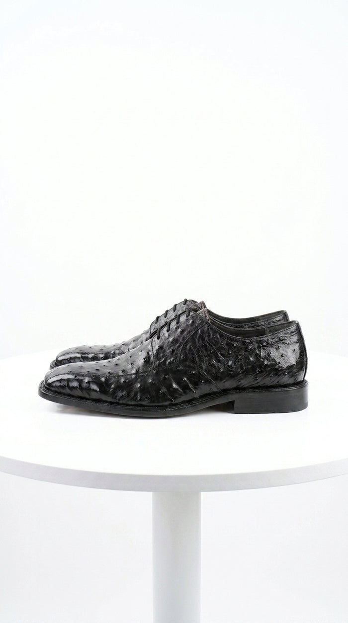 Men’s Los Altos Black Full Quill Ostrich Lace-Up Dress Shoes, Bicycle Toe Formal Shoes