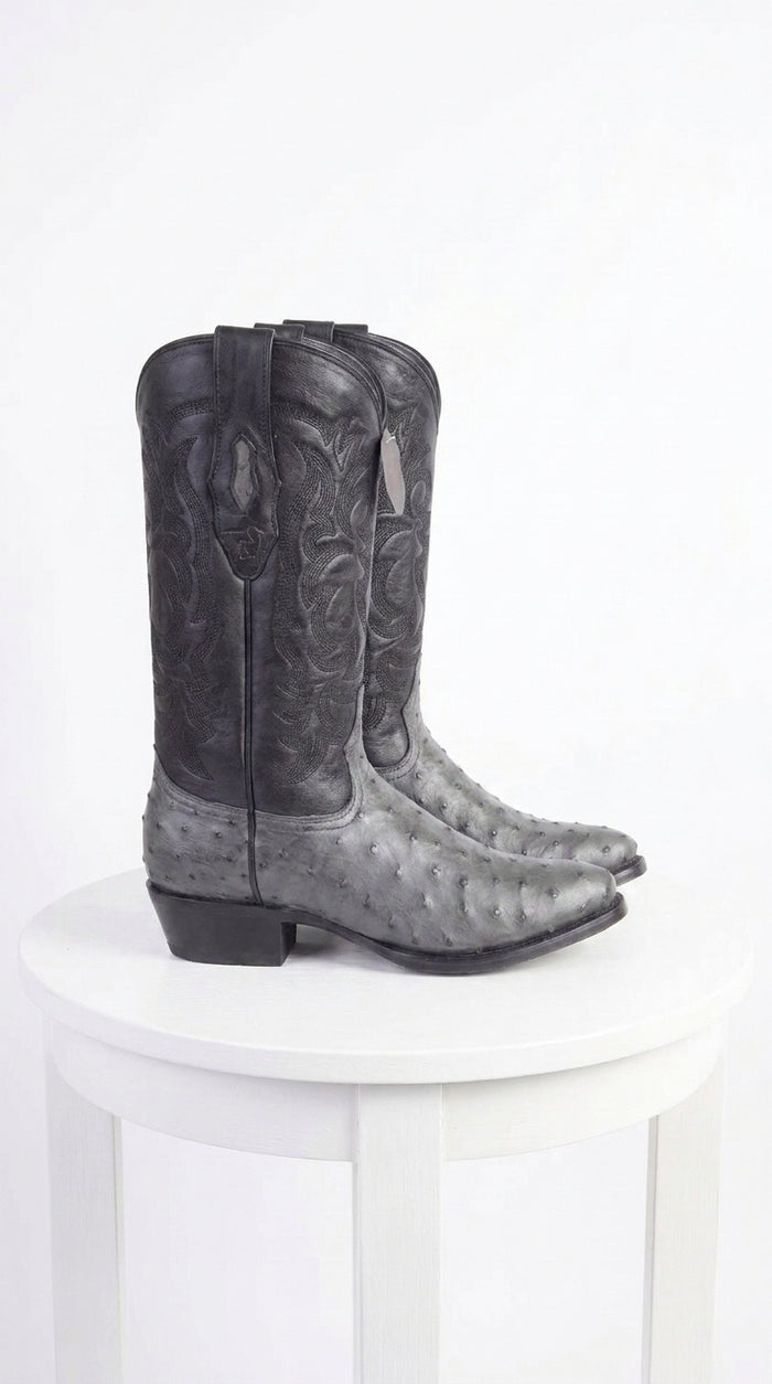 Men’s Los Altos Gray Genuine Ostrich Round Toe Boots, Exotic Western Cowboy Dress Boots