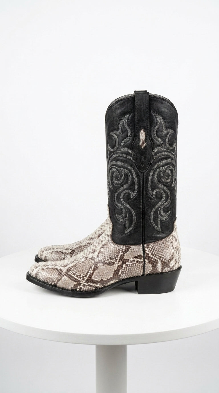 Men’s Los Altos Natural Python Snakeskin Round Toe Boots, Exotic Western Cowboy Dress Boots