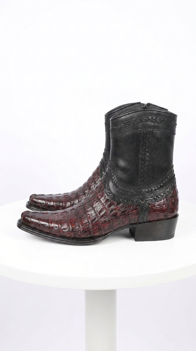 Men’s Los Altos Black Cherry Caiman Tail Low Shaft Boots, European Square Toe Dress Boots