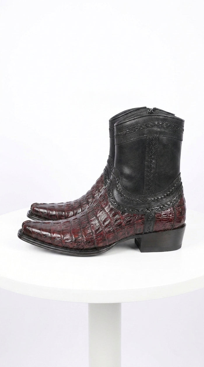 Men’s Los Altos Black Cherry Caiman Tail Low Shaft Boots, European Square Toe Dress Boots