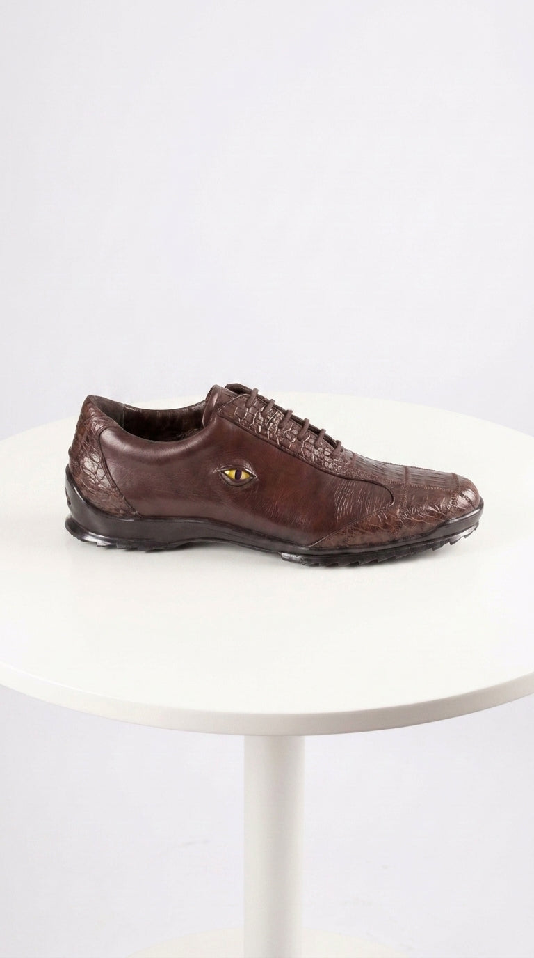 Men’s Los Altos Brown Caiman Crocodile Patchwork Casual Shoes, Exotic Leather Lace-Up Shoes