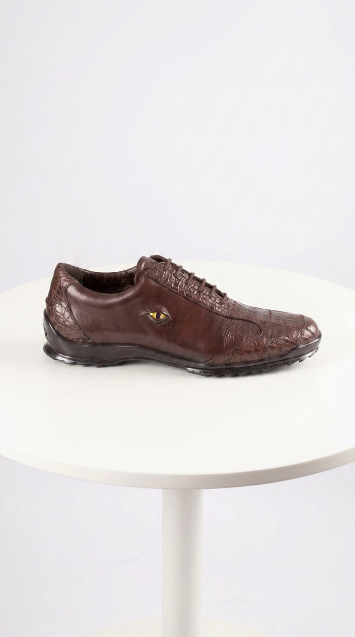 Men’s Los Altos Brown Caiman Crocodile Patchwork Casual Shoes, Exotic Leather Lace-Up Shoes