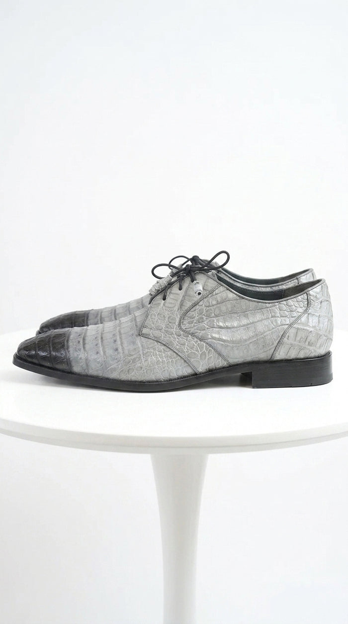 Men’s Los Altos Gray Two Tone Genuine Caiman Belly Lace-Up Oxford Shoes, Exotic Dress Shoes