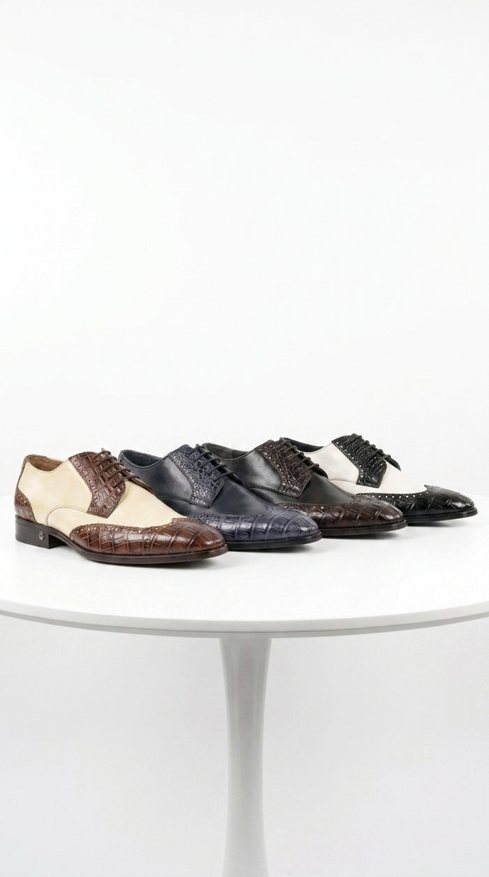 Lombardy Men’s Caiman Belly and Calfskin Wingtip Shoes, Exotic Lace-Up Dress Shoes