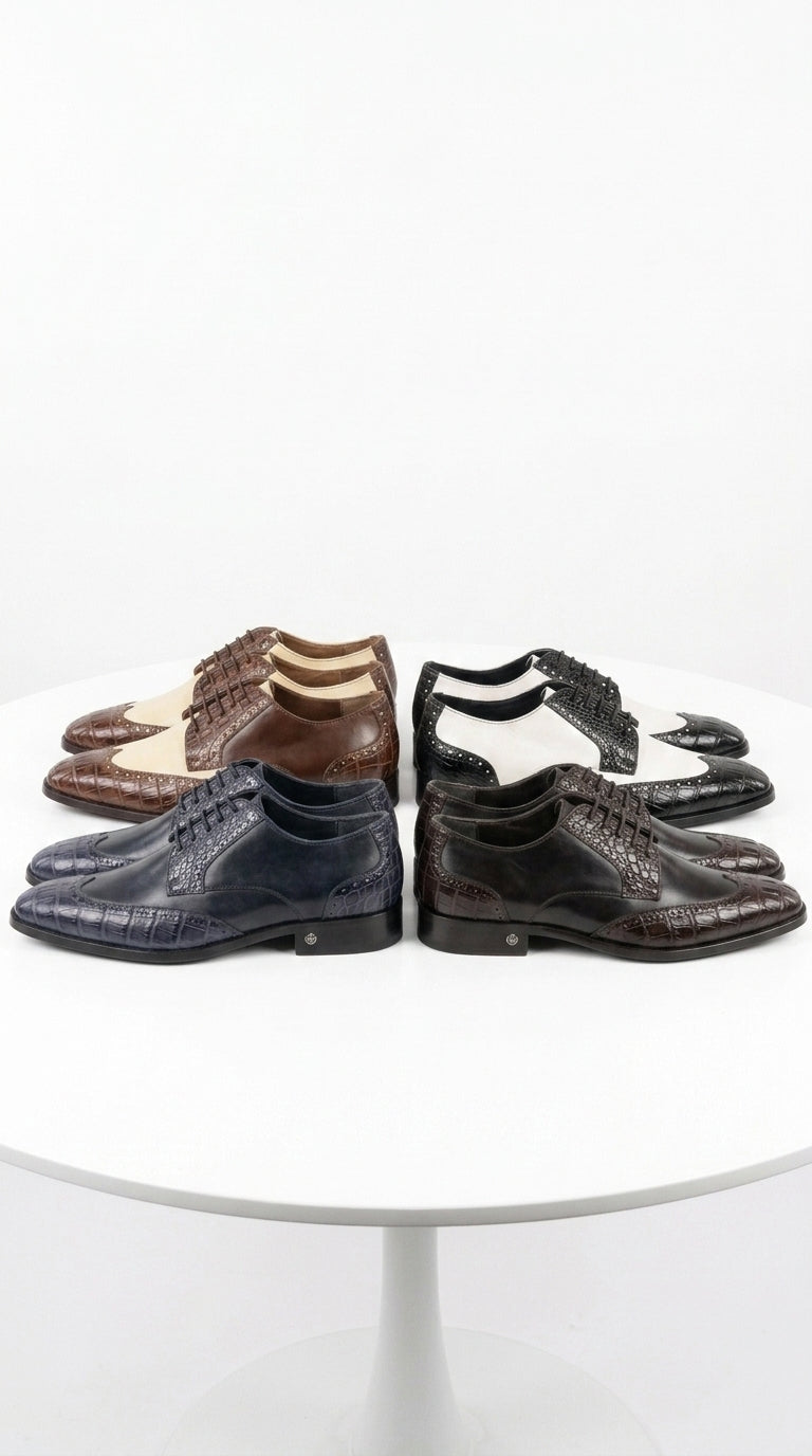 Lombardy Men’s Caiman Belly and Calfskin Wingtip Shoes, Exotic Lace-Up Dress Shoes