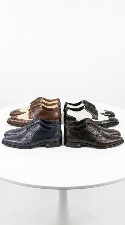 Lombardy Men’s Caiman Belly and Calfskin Wingtip Shoes, Exotic Lace-Up Dress Shoes