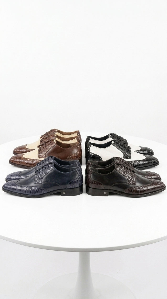 Lombardy Men’s Caiman Belly and Calfskin Wingtip Shoes, Exotic Lace-Up Dress Shoes