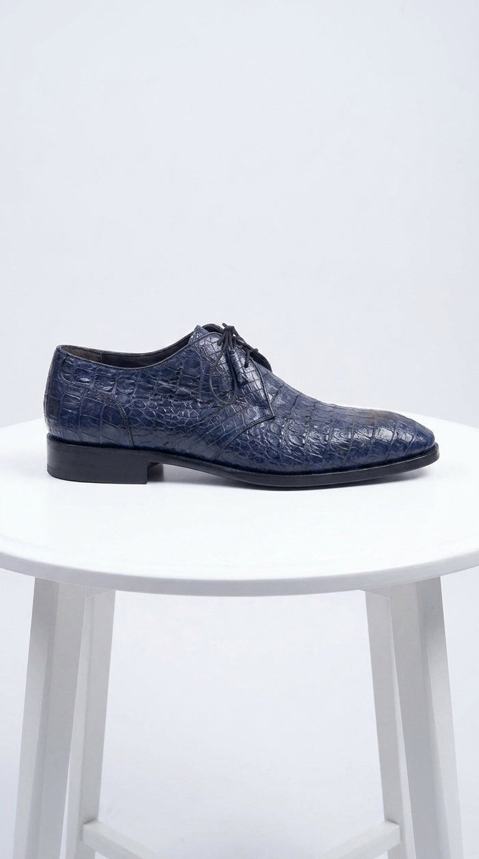 Men’s Los Altos Navy Blue Crocodile Italian Toe Shoes, Exotic Lace-Up Dress Shoes