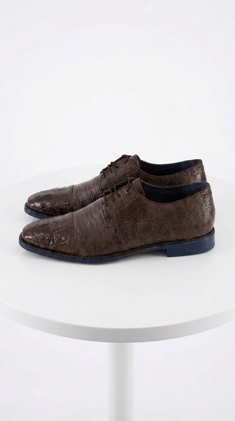 Men’s Los Altos Brown Lizard Crocodile Cap Toe Shoes, Exotic Lace-Up Dress Shoes