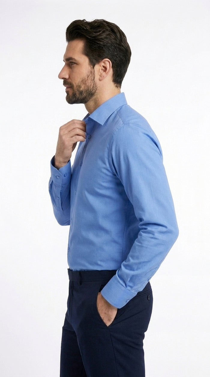 Men’s Azure Blue Dress Shirt with Classic Spread Collar, Formal Prom and Wedding Shirt