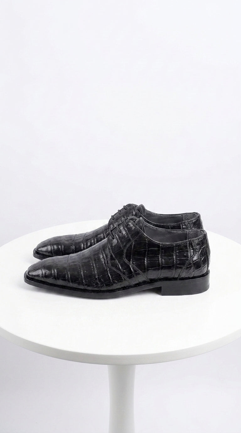 Men’s Los Altos Black Genuine Crocodile Belly Shoes, All-Over Exotic Lace-Up Dress Shoes