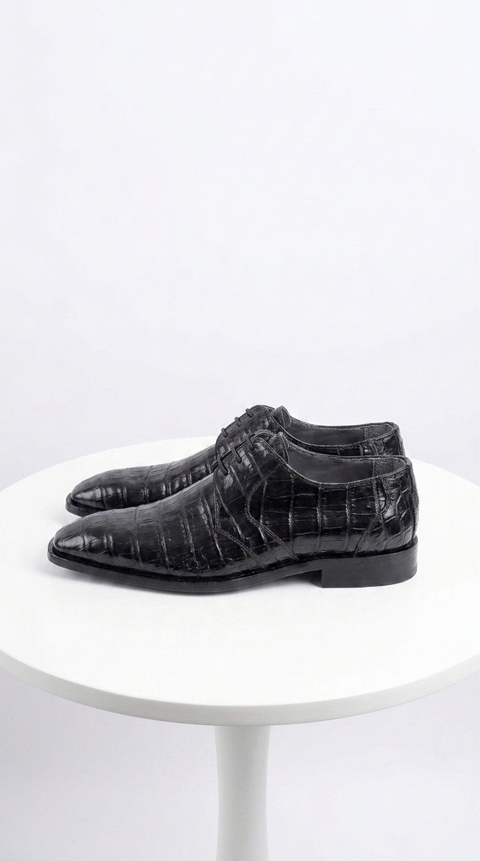 Men’s Los Altos Black Genuine Crocodile Belly Shoes, All-Over Exotic Lace-Up Dress Shoes