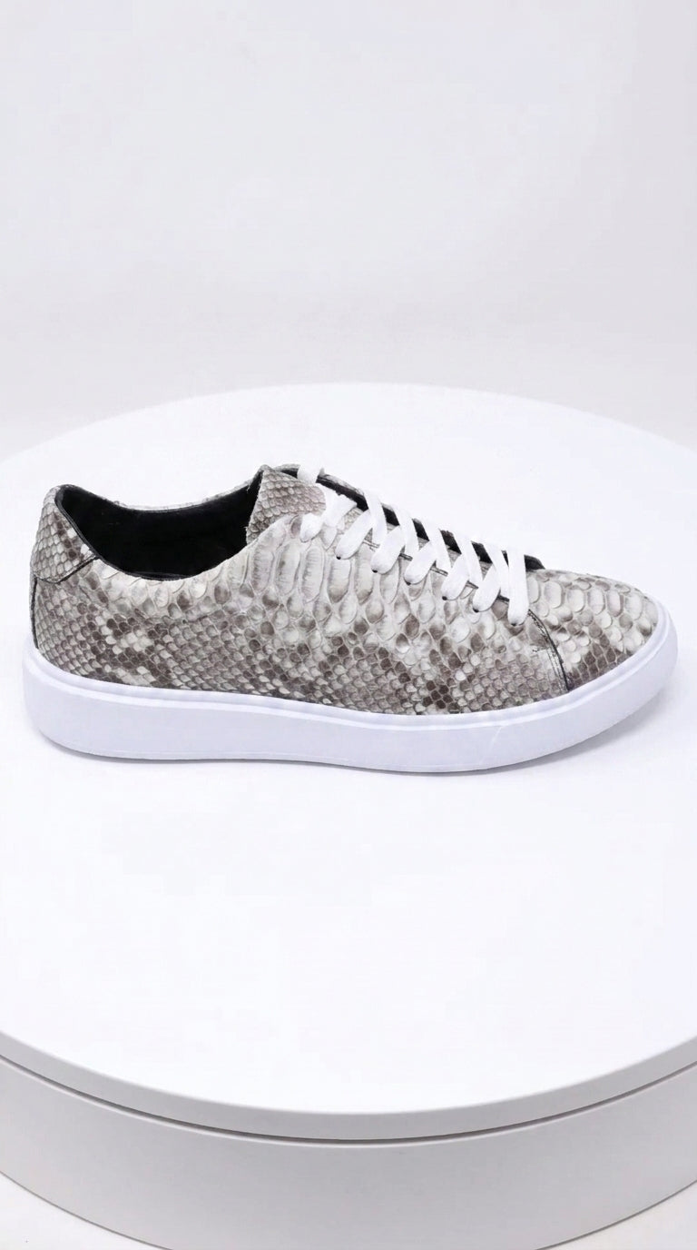 Men’s Natural Genuine Full Python Skin Sneakers, Exotic Lace-Up Casual Shoes