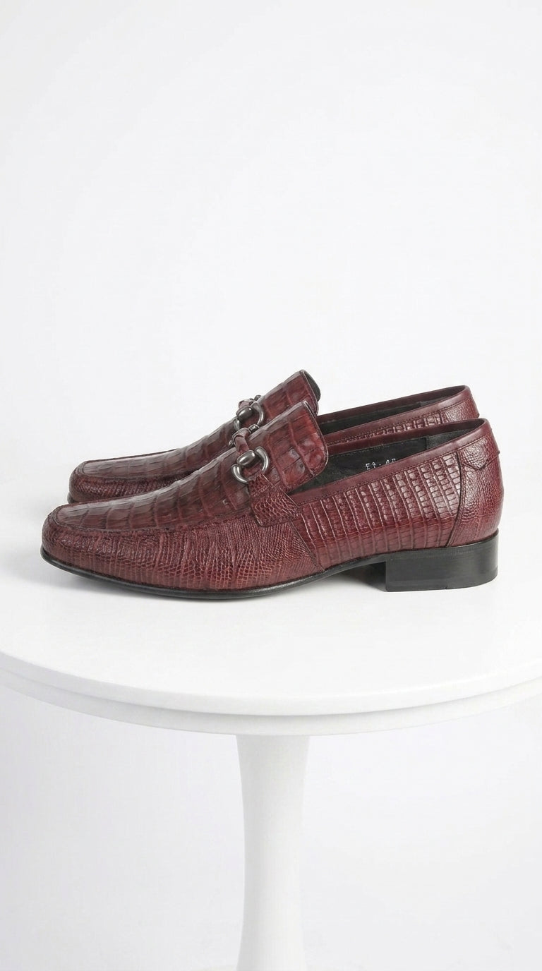 Los Altos Men’s Burgundy Crocodile Lizard Metal Bit Loafers, Exotic Dress Shoes