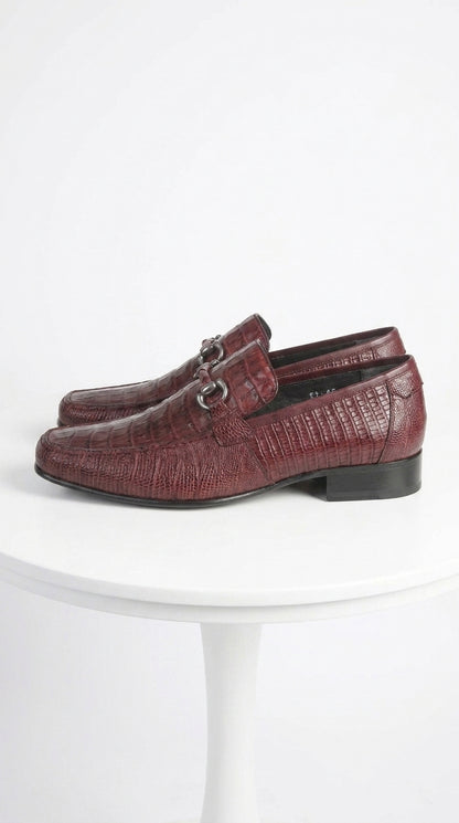 Los Altos Men’s Burgundy Crocodile Lizard Metal Bit Loafers, Exotic Dress Shoes