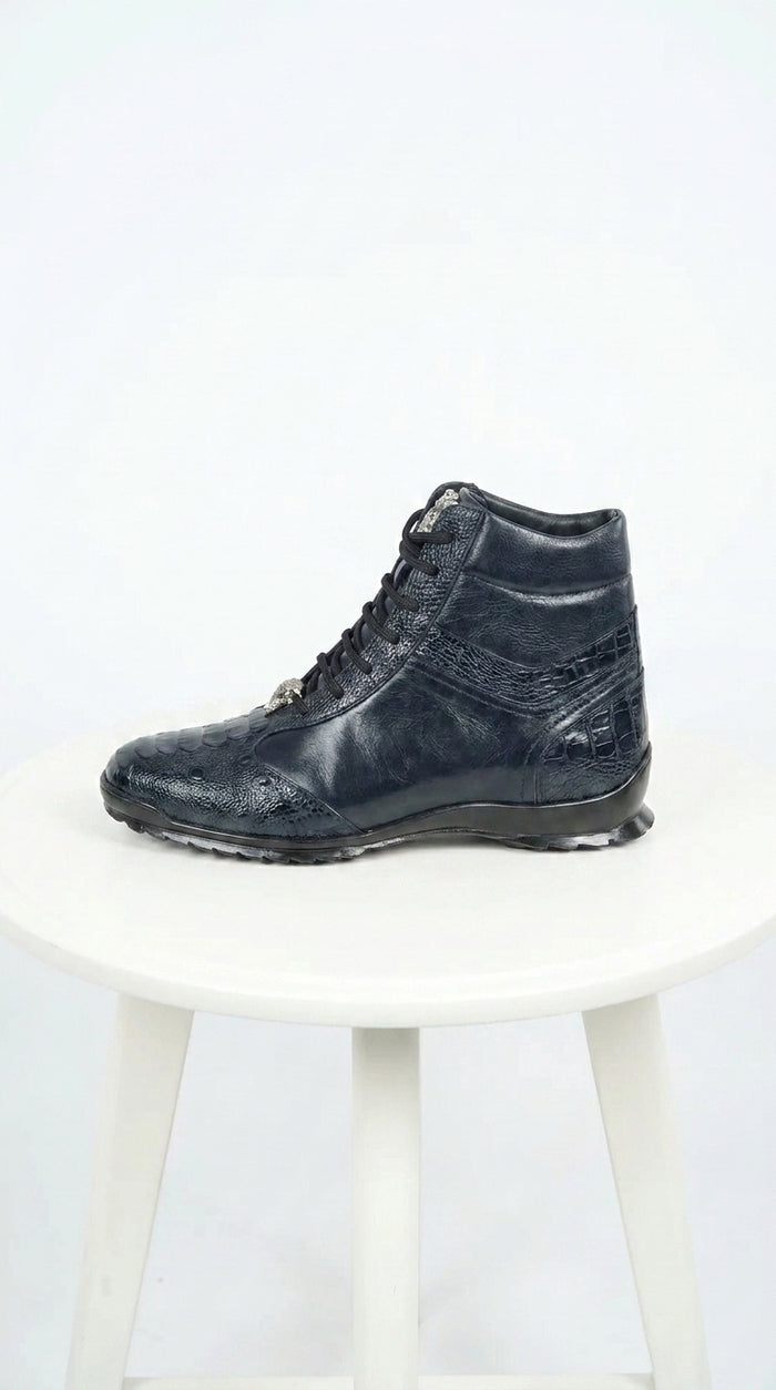 Los Altos Men’s Navy Genuine Ostrich Leg Casual Ankle Boots, Exotic Lace-Up Dress Boots