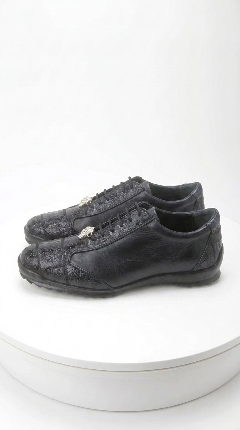 Los Altos Men’s Navy Genuine Ostrich Casual Sneakers, Exotic Lace-Up Dress Shoes