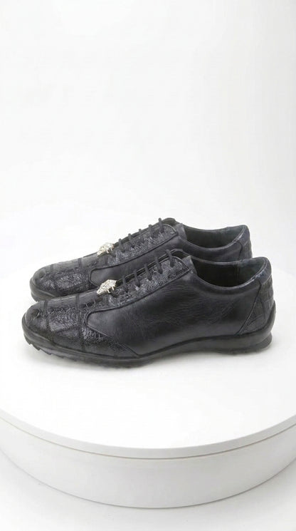 Los Altos Men’s Navy Genuine Ostrich Casual Sneakers, Exotic Lace-Up Dress Shoes