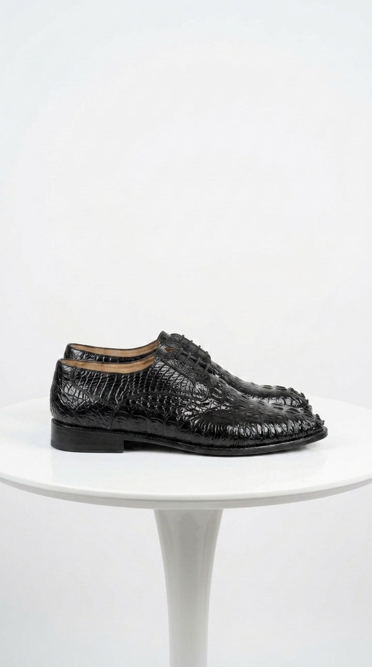 Los Altos Men’s Black Caiman Hornback Plain Toe Shoes, Exotic Lace-Up Formal Dress Shoes