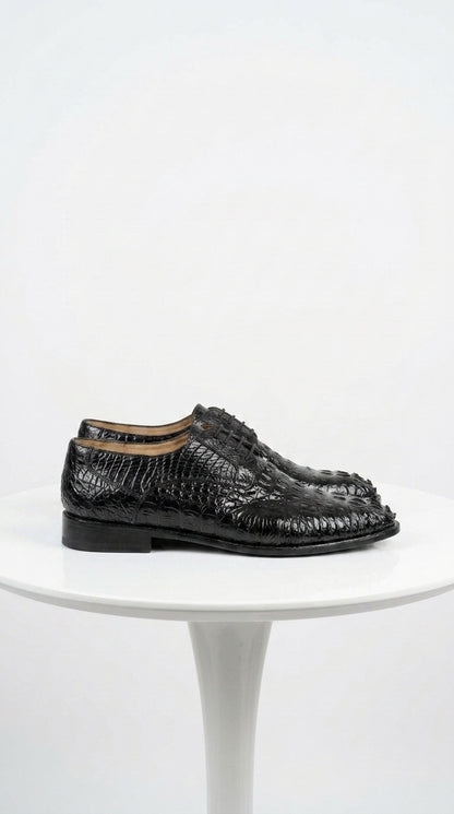 Los Altos Men’s Black Caiman Hornback Plain Toe Shoes, Exotic Lace-Up Formal Dress Shoes