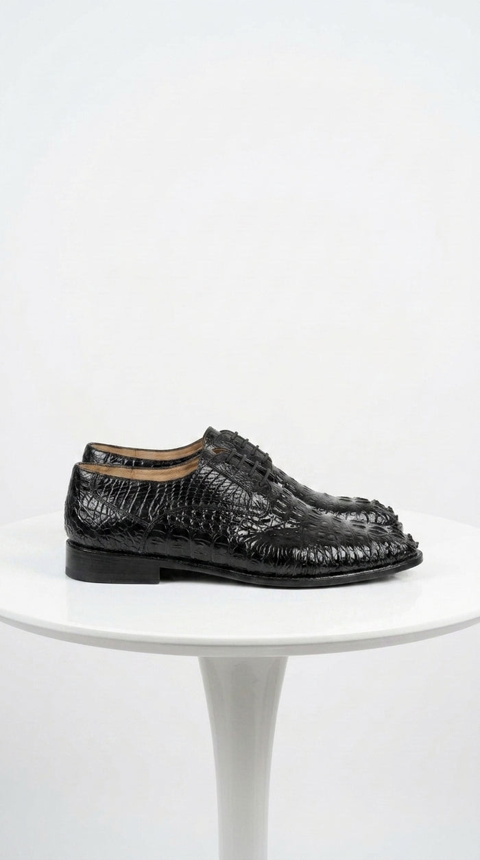 Los Altos Men’s Black Caiman Hornback Plain Toe Shoes, Exotic Lace-Up Formal Dress Shoes