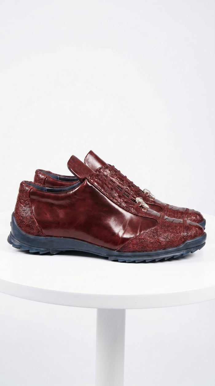 Men’s Wine Ostrich Leg Leather Sneakers with Lace Up Front, Exotic Casual Dress Shoes