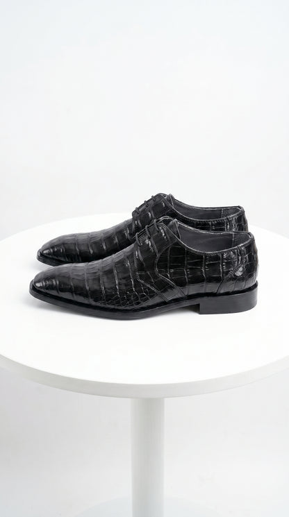 Men’s Los Altos Black Crocodile Dress Shoes with Italian Toe, Exotic Formal Lace Up Shoes