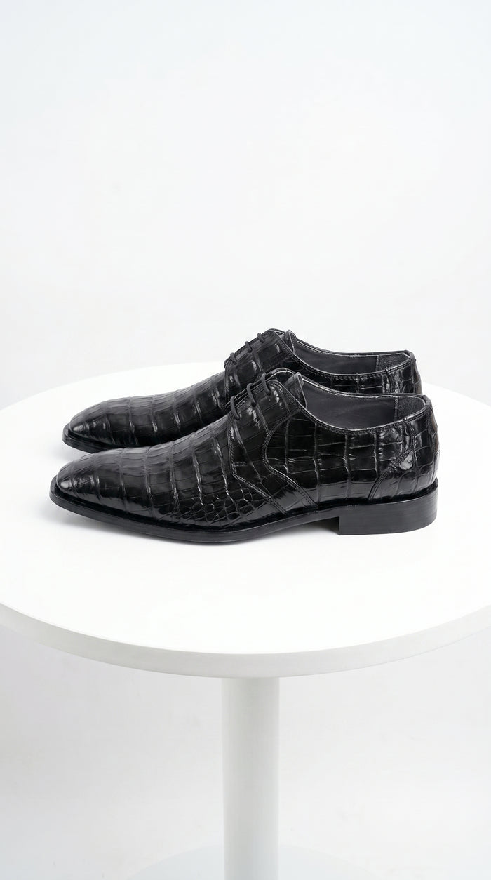 Men’s Los Altos Black Crocodile Dress Shoes with Italian Toe, Exotic Formal Lace Up Shoes