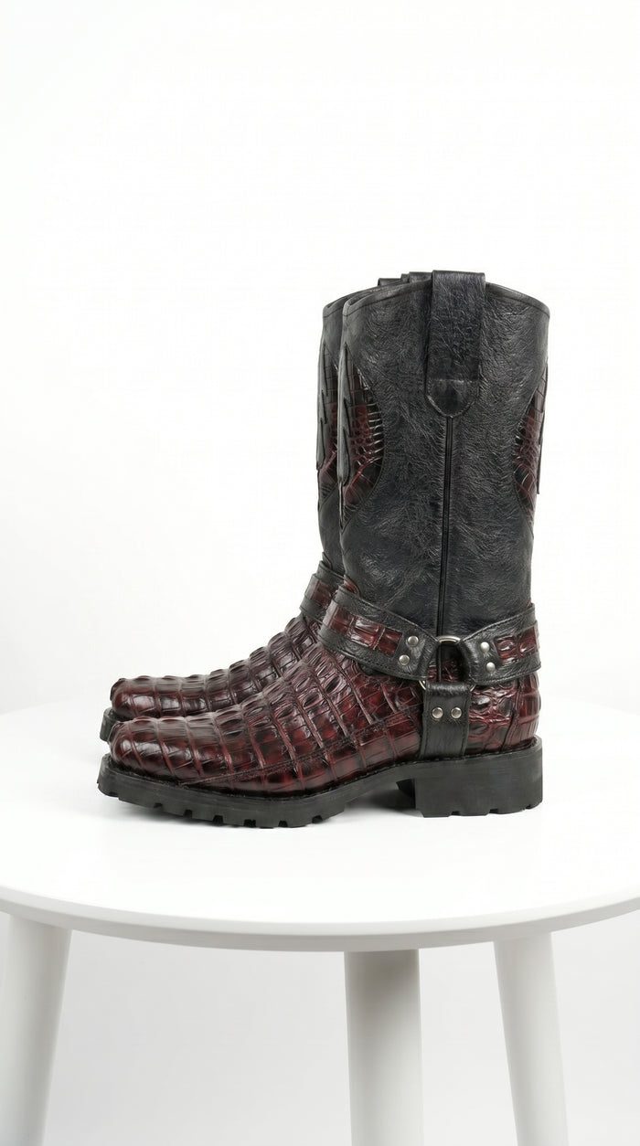 Men’s Los Altos Black and Burgundy Caiman Tail Skin Biker Boots, Exotic Western Motorcycle Boots