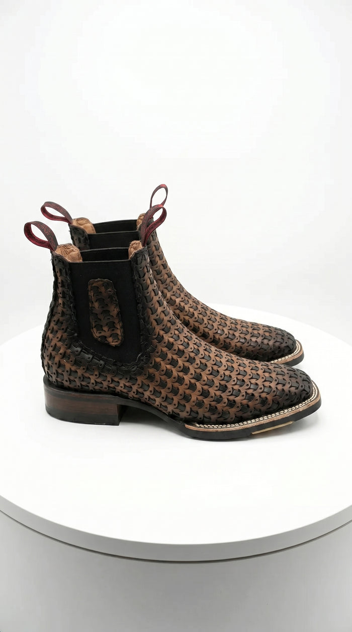 Men’s Petatillo Square Toe Boots in Brown and Black, Western Ankle Cowboy Boots